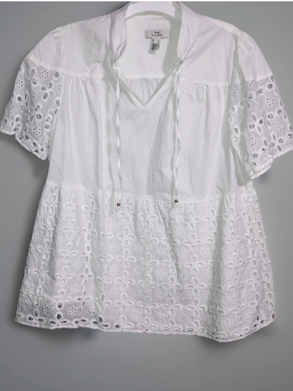 H By Halston White Cotton Eyelet Tunic Boho Peasant Cottagecore Top Blouse Sz M